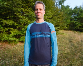 Long sleeve Merino T-shirt for Men | Ready to Ship Wool Shirt with Mountain Print | 100% merino wool top with screen print | Sports sweater