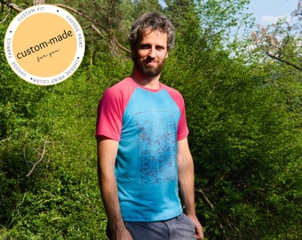 Custom-made Turquoise & Pink Merino Shirt with Peaks of Europe Print | Mountain print tee | 100% merino wool top with screen print