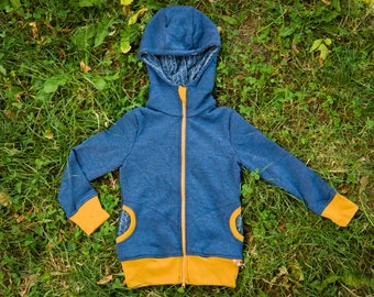 Colorful Kids Merino Sweater with Zipper | 100% Merino Wool Hoodie in Blue and Ochre | "Grow with me" Zip-up Pullover for Kids