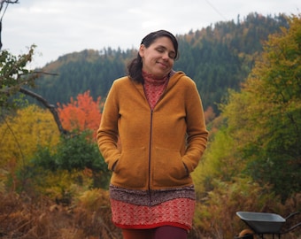 Women's Full Zip Boiled Wool Jacket with Merino Sleeve Cuffs and a Kangaroo Pocket