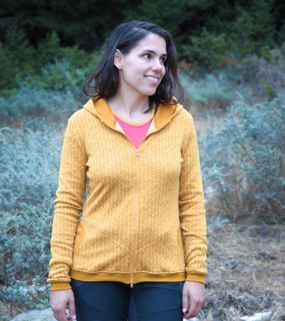 Ochre Pattern Zip up Merino Hoodie Wool 