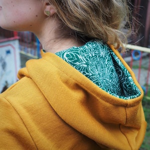 Unique Ochre & Green Zip up Merino Hoodie Wool Hoodie for Women with Zipper Beauiful Pattern Merino Sweatshirt 100% Merino image 3