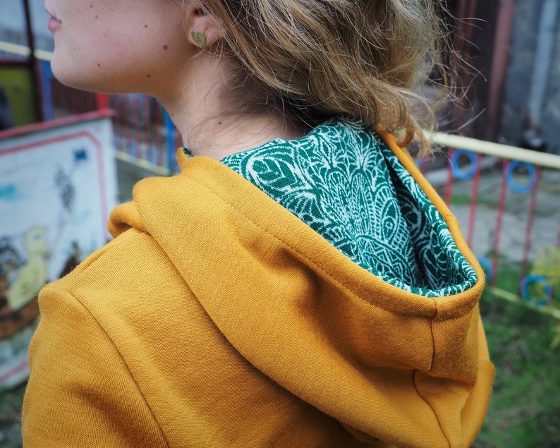 Unique Ochre & Green Zip up Merino Hoodie Wool Hoodie for Women with Zipper Beauiful Pattern Merino Sweatshirt 100% Merino image 3
