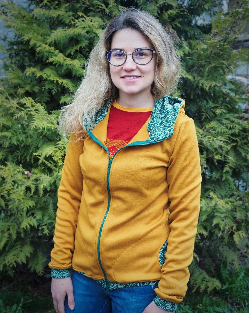 Unique Ochre & Green Zip up Merino Hoodie Wool Hoodie for Women with Zipper Beauiful Pattern Merino Sweatshirt 100% Merino image 4