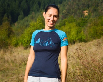 Mountain Biker Merino Shirt | Ready to Ship Mountain Print Tee | 100% merino wool top with screen print