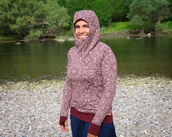 High Collar Merino Hoodie with Zip-up Pocket | High Neck Wool Sweater with Hood | Mandala Print Merino Cardigan
