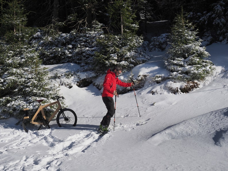May include: A person in a red jacket and black pants walks through a snowy forest with trekking poles. A wooden bicycle is parked in the snow.