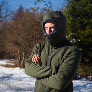 Sudadera con capucha de lana merino doble con cuello alto y bolsillos con cremallera / Suéter con cremallera para hombre muy cálido de 100 % lana merino / Sudadera con capucha para exteriores