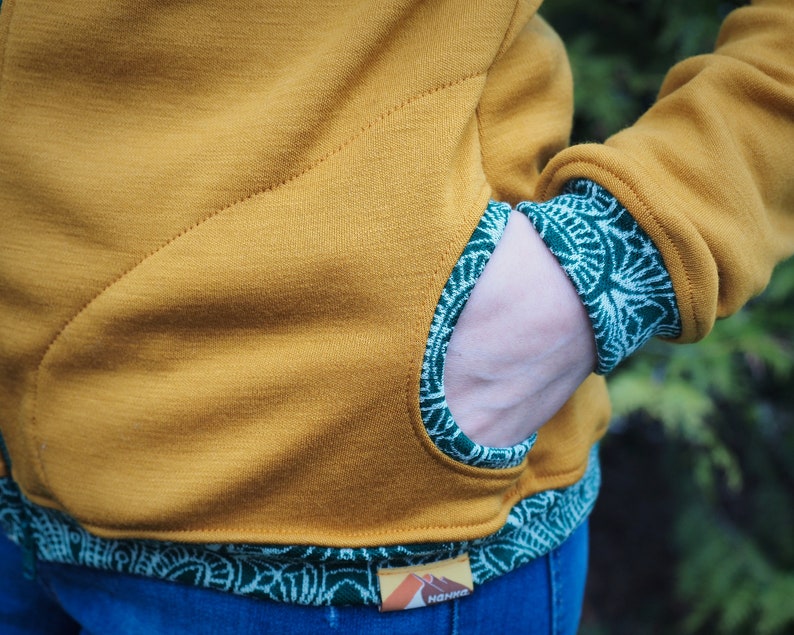 Unique Ochre & Green Zip up Merino Hoodie Wool Hoodie for Women with Zipper Beauiful Pattern Merino Sweatshirt 100% Merino image 7