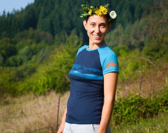 Mountain Print Merino Shirt | Ready to Ship Mountain Print Tee for Women | 100% merino wool top with screen print | Sports tee