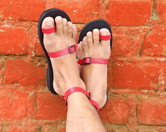 Minimalist toe ring ankle strap leather sandals, Greek men gay sandals - Breeze M