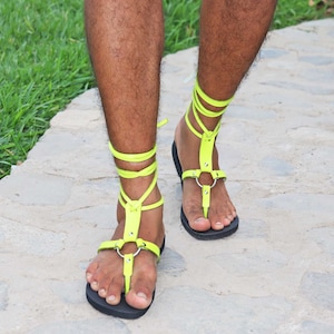 Fluorescent colors leather sandals, Greek men sandals, barefoot men sandals,  neon sexy gay sandals - SAPPHIRE M