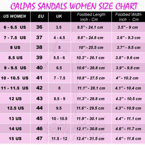 May include: A pink and white chart showing women's sandal sizes in US, EU, and UK sizes. The chart also includes footbed length and width measurements in inches and centimeters.