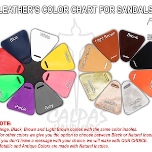 May include: Color chart for leather sandals with 16 different color options, including blue, white, light brown, brown, red, green neon, purple, gray, yellow, pink, beige mustard, metallic gold, metallic copper, metallic silver, black, and orange neon. The chart is in the shape of a circle with each color represented by a triangle.