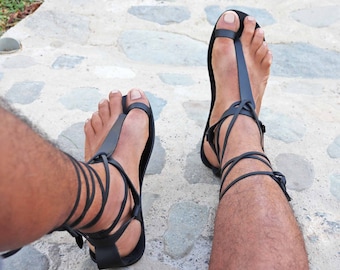 Barefoot toe ring thong sandals, handmade leather men sandals with laces - SPLENDOR M