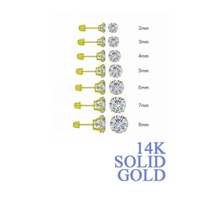 14K Solid Gold CZ Stone Stud Screw Back Earrings | 2mm 3mm 4mm 5mm 6mm 7mm 8mm | CZ Manmade Stone | Handmade | Gift | Never Tarnish | Pair