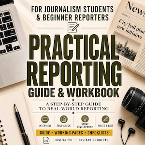 Op de afbeelding: Een praktisch verslaggevingsgids en werkboek voor journalistiekstudenten en beginnende verslaggevers. De omslag heeft donkergroene tekst op een crèmekleurige achtergrond, omringd door een laptop, krant, pen, notitieblok en cameralens.