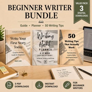 Bundel voor beginnende schrijvers | Gids voor creatief schrijven, planner voor schrijfroutines en 50 schrijftips | Downloadbaar als PDF