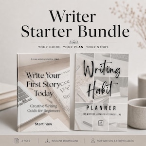 May include: A digital bundle featuring two guides titled Writer Starter Bundle, Your Guide. Your Plan. Your Story. The first book is Write Your First Story Today Creative Writing Guide for Beginners. The second is Writing Habit Planner.