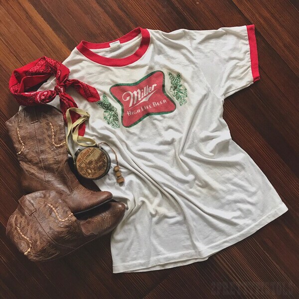 Preowned vintage vtg paper thin worn in white Miller High Life Turkey Day beer liquor graphic ringer t-shirt  size x-large XL