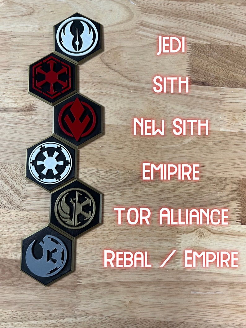 May include: Six hexagonal game pieces with different Star Wars faction symbols. The symbols are: Jedi, Sith, New Sith, Empire, Tor Alliance, and Rebel/Empire. The pieces are arranged vertically in a column.
