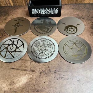 Fullmetal Alchemist Laser gravierte Untersetzer Set von 6 mit Halter