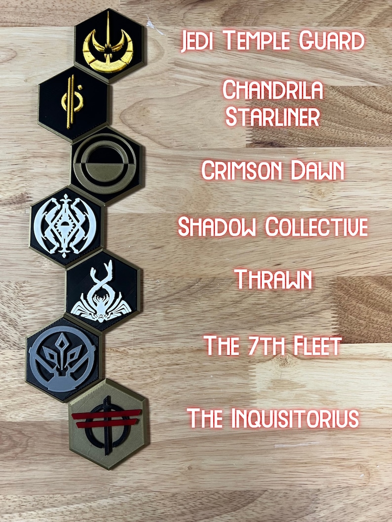 May include: A set of eight hexagonal game tokens with different symbols and colours. The tokens are arranged vertically on a wooden surface. The text on the tokens reads: "Jedi Temple Guard", "Chandrila Starliner", "Crimson Dawn", "Shadow Collective", "Thrawn", "The 7th Fleet", and "The Inquisitorious".