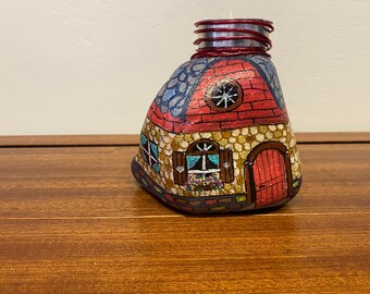 Hand painted rock tealight candleholder