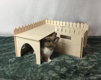 Wooden Deluxe Hideout, Bunny Hide Away House, Pet Chew Safe Wood Modern Home, Handmade Indoor Tunnel, Rabbits and Small Animals Playhouse