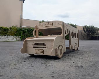 Wooden Bus Feeder Hideout, Bunny Hide Away House, Pet Chew Safe Wood Modern Home, Handmade Indoor Tunnel, Rabbits & Small Animals Playhouse