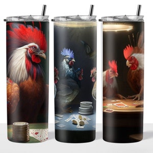 BARNYARD CHICKENS - Roosters Playing Poker After Hours On The Farm - Los Eggas - Download - 20 oz Skinny Tumbler Art For Creators, Crafters