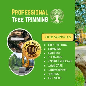 May include: An advertisement for professional tree trimming services. The image features a chainsaw cutting a tree branch, with text that reads "Professional Tree Trimming" and a list of services including tree cutting, trimming, and landscaping.