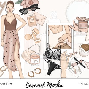 Karamel mokka moderne mode meisje clipart aquarel clipart briefpapier sublimatie ontwerpen downloads PNG ambachten hand getrokken sticker graphics