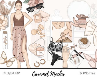 Caramel Mocha Modern Fashion Girl Clipart Watercolor Clipart Stationery Sublimation Designs Downloads PNG Crafts Hand Drawn Sticker Graphics