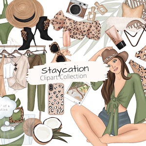 Staycation Vacation Girl Clip Art Watercolor Clipart Stationery Sublimation Designs Downloads PNG Crafts Hand Drawn Sticker Graphics