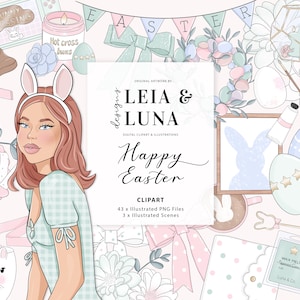 Easter Spring Floral Fashion Girl Clip Art Watercolor Clipart Stationery Designs Downloads PNG Hand Drawn Sticker Graphics