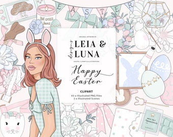 Easter Spring Floral Fashion Girl Clip Art Watercolor Clipart Stationery Designs Downloads PNG Hand Drawn Sticker Graphics