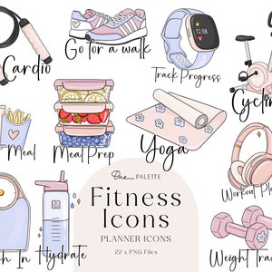 Fitness Gesundheit Planer Icons Fashion Mädchen Clip Art Digitale Clipart Schreibwaren Designs Downloads PNG Handgezeichnete Aufkleber Grafiken