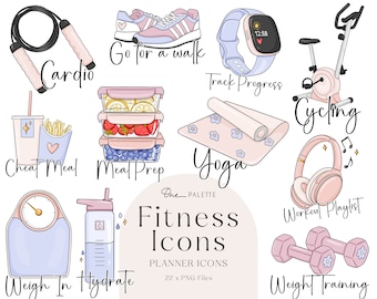 Fitness Health Planner Icons Fashion Girl Clip Art Digital Clipart Stationery Designs Downloads PNG Hand Drawn Sticker Graphics