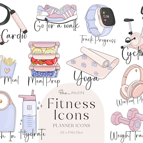 Fitness Health Planner Icons Fashion Girl Clip Art Digital Clipart Stationery Designs Downloads PNG Hand Drawn Sticker Graphics