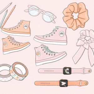 K&ouml;nnte beinhalten: Ein Set aus rosa und pfirsichfarbenen Accessoires, darunter zwei Paar High-Top-Sneaker, zwei Haargummis, zwei Apple Watches, zwei Rollen Washi-Tape und eine Brille.
