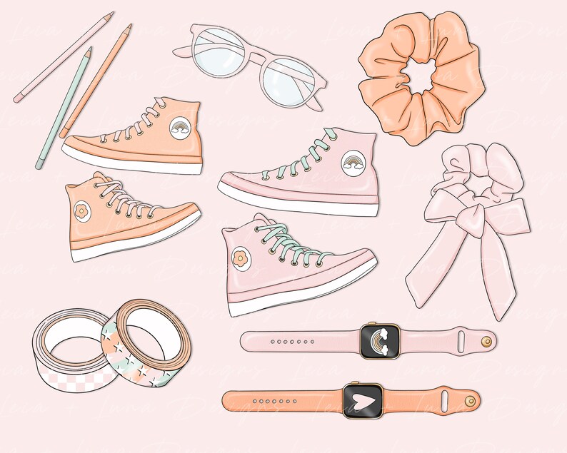 K&ouml;nnte beinhalten: Ein Set aus rosa und pfirsichfarbenen Accessoires, darunter zwei Paar High-Top-Sneaker, zwei Haargummis, zwei Apple Watches, zwei Rollen Washi-Tape und eine Brille.