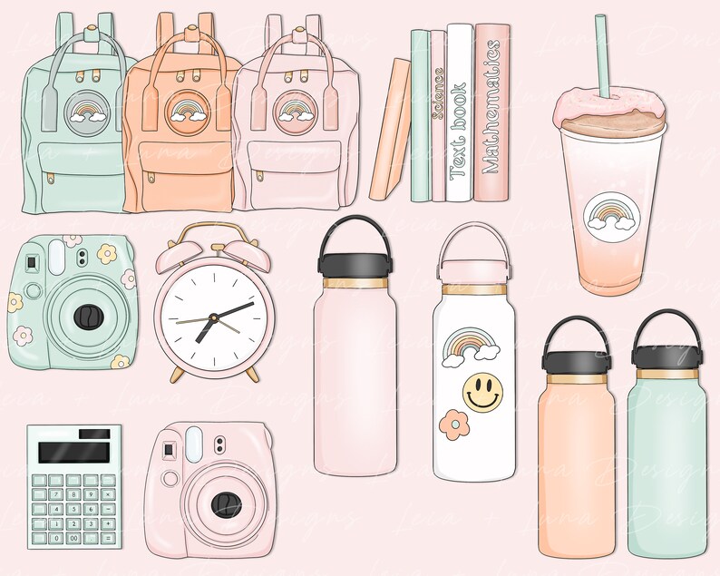 K&ouml;nnte beinhalten: Ein Set an Schulsachen, darunter ein rosa, gr&uuml;ner und orangefarbener Rucksack, eine gr&uuml;n-rosa Kamera, ein rosa Wecker, eine rosa, wei&szlig;e und gr&uuml;ne Wasserflasche, ein Taschenrechner, eine rosa und gr&uuml;ne Wasserflasche, eine rosa und wei&szlig;e Wasserflasche, ein rosa und wei&szlig;er Kaffebecher mit Strohhalm und ein Stapel B&uuml;cher mit den Titeln "Science", "Text book" und "Mathematics".