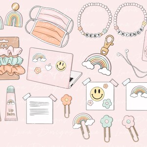 K&ouml;nnte beinhalten: Eine Sammlung von pastellfarbenen Schulsachen, darunter ein Laptop, Regenbogen-Accessoires und ein rosa MP3-Player mit der Aufschrift "BEST FRIENDS".