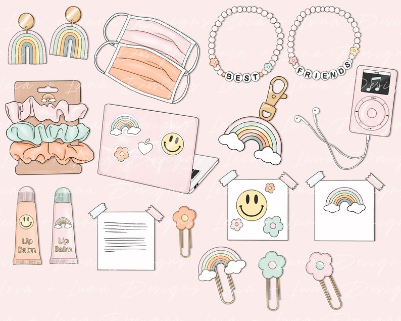K&ouml;nnte beinhalten: Eine Sammlung von pastellfarbenen Schulsachen, darunter ein Laptop, Regenbogen-Accessoires und ein rosa MP3-Player mit der Aufschrift "BEST FRIENDS".