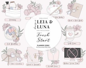 Fresh Start Planner Icons New Year Fashion Girl Clip Art Watercolor Clipart Stationery Designs Downloads PNG Hand Drawn Sticker Graphics