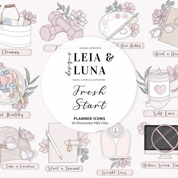 Fresh Start Planner Icons New Year Fashion Girl Clip Art Watercolor Clipart Stationery Designs Downloads PNG Hand Drawn Sticker Graphics