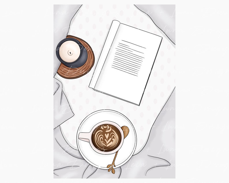 K&ouml;nnte beinhalten: Eine wei&szlig;e Keramik-Untertasse mit einer braunen Kaffeetasse mit Latte Art. Ein goldfarbener L&ouml;ffel befindet sich in der Tasse. Die Untertasse liegt auf einer wei&szlig;en und grauen gemusterten Oberfl&auml;che. Eine schwarze Kerze steht auf einem Holz-Untersetzer links im Bild. Ein wei&szlig;es Buch liegt offen auf der Oberfl&auml;che.