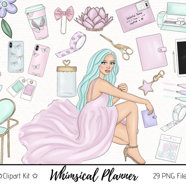 Whimsical Planner Fashion Girl Clip Art Watercolor Clipart Stationery Sublimation Designs Downloads PNG Sticker Graphics