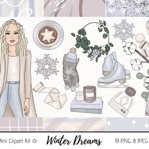Sogni d'inverno Mini Kit Ragazza Clip Art Acquerello Clipart Cancelleria Sublimazione Disegni Download PNG Artigianato Disegnato a mano Grafica adesiva